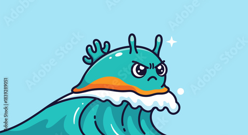 Cute cartoon sea slug riding ocean wave with angry expression.