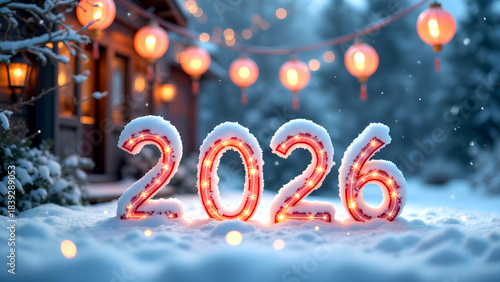 photorealistic image, landscape, cinematic. Festive illuminated street at night, celebrating, confetti falling, warm lights creating vibrant New Year’s Eve atmosphere. Text “2026”.  