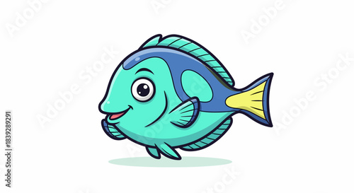 Cute Blue Tang Fish Cartoon Illustration Swimming Happily.