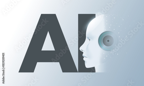 AI cover concept, Humanoid head side, machine learning, neural network, Artificial Intelligence (AI) technology innovation background.