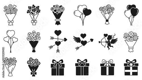 A collection of black and white icons representing Valentine's Day and romantic themes, including bouquets of flowers, heart-shaped balloons, cupids, and gift boxes.