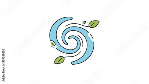 A stylized illustration of a swirling vortex of blue water with green leaves being carried by the wind.