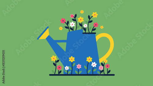 A vibrant blue watering can overflowing with colorful blooming flowers against a solid green background, symbolizing growth and nature's beauty.
