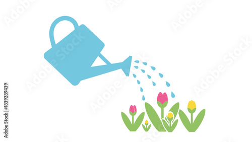 A blue watering can is shown watering a small patch of colorful tulips and other small plants.