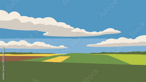 A stylized illustration of a vast rural landscape with colorful fields under a blue sky with white clouds.