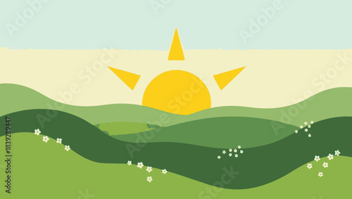 A stylized illustration of a vibrant sunrise over rolling green hills with small white flowers, depicting a serene natural landscape.