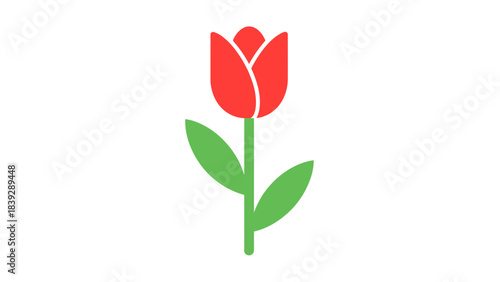 A simple, stylized illustration of a single red tulip with a green stem and two leaves.