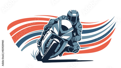 A motorcycle racer leans into a sharp turn with a stylized American flag in the background.