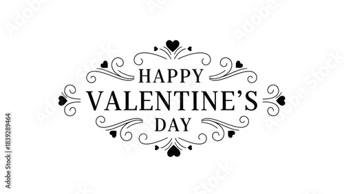 Elegant black and white Happy Valentine's Day greeting card design with ornate swirls and heart decorations.
