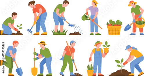 Farmers in Action — Vector Set of Men and Women Planting, Watering, Harvesting — For Landscape Design, UI Icons, and Eco Branding — Editable Templat