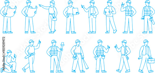 Flat vector illustration collection architect engineer and construction worker in editable outlines