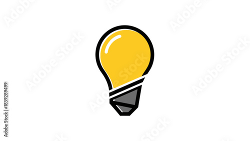 A stylized illustration of a glowing light bulb with a black base on a white background.