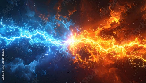 Dueling energies collide blue lightning versus golden flames, in a dynamic clash against a cloudlike backdrop