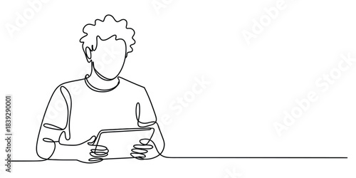 Continuous line drawing of person using tablet
