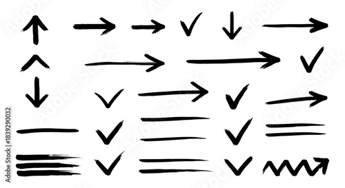 Rough brush stroke directional symbols and verification marks set