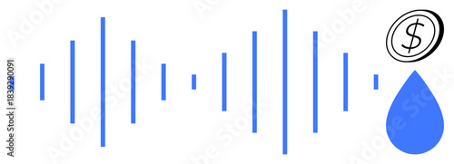 Audio monetization, sound analysis, finance, resource management, technology, and economy . A sound wave, a droplet and a dollar coin are . Audio monetization and sound analysis concept