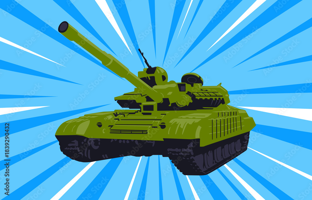 Obraz premium Illustration of a green tank on a blue explosive background