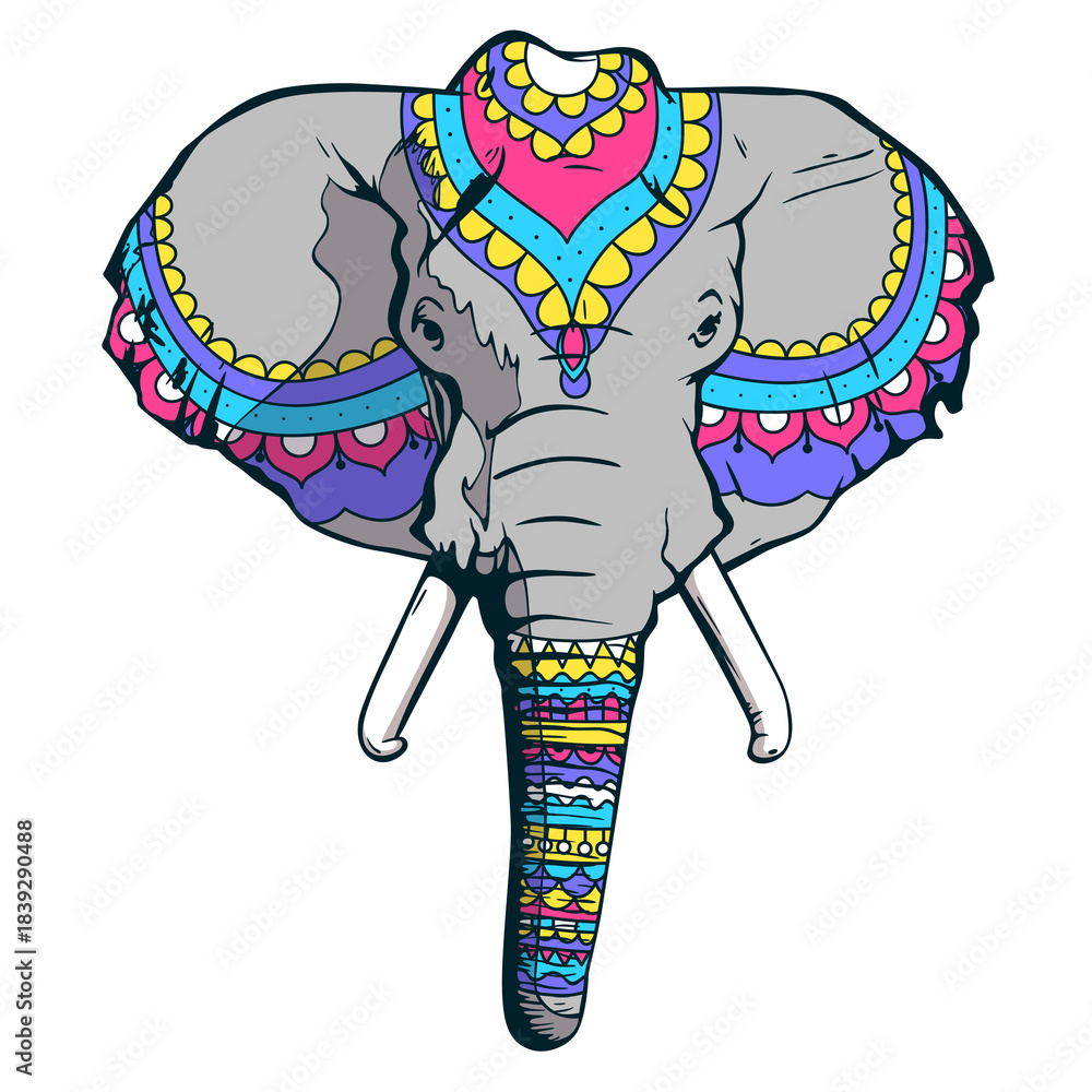 Obraz premium Illustration of an elephant's head decorated with Indian national patterns. Isolated on a white background.