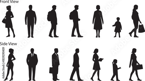 Human Silhouettes by Age & Pose — Front and Side View Vector Set for Architecture, Urban Design, and UI Icons — Editable Template with Adults and Children