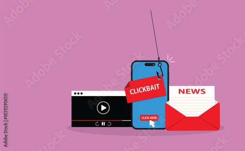 Clickbait message.Clickbait concept with smartphone and fishing hook on message
