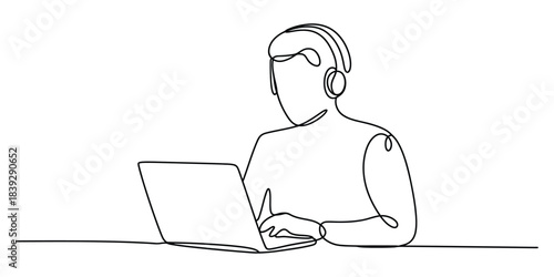 Continuous line drawing of person with laptop and headphones