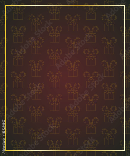 Marco dorado sobre fondo navideño rojo oscuro con patrón de caja de regalo