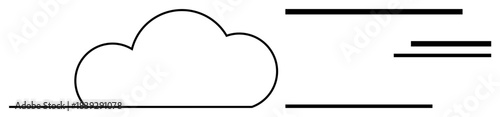 Cloud technology, digital storage, data transfer, communication, network connectivity, online services. A black outline of a cloud with horizontal lines suggesting movement. Cloud technology