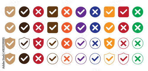 Collection of four round checkmark symbols with white ticks and colorful abstract backgrounds