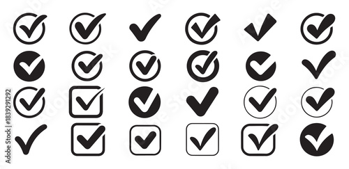 Set of fifteen black and white check mark symbols in various styles and shapes vector collection