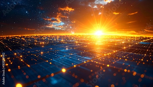 Abstract future solar energy system, golden light rays intersecting with geometric grids, AI-controlled energy flow patterns, warm yellow and amber tones mixed with cool blue, minimal yet complex, 