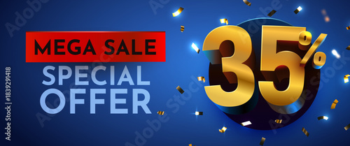 Mega Sale Special Offer with 35 percents discount on blue. Golden numbers and confetti. Vector illustration