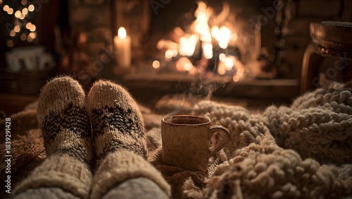 Cozy Winter Evening by Fireplace with Warm Drink