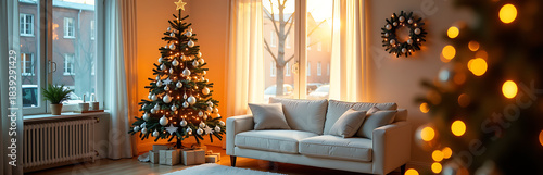 warm golden light pours tastefully decorated living room featuring majestic flocked christmas tree sofa amidst
