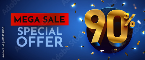 Mega Sale Special Offer with 90 percents discount on blue. Golden numbers and confetti. Vector illustration