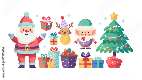 Christmas Big Set Icons featuring cute characters, Santa, toys, a Christmas tree, sweets, and gifts. An adorable palette of confections with modern illustration. vector icon