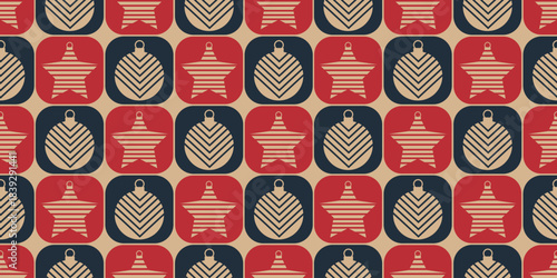 Seamless geometric pattern with blue and red squares featuring silhouettes of Christmas balls and stars on beige background. Perfect for festive textiles and packaging
