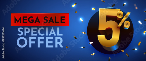Mega Sale Special Offer with 5 percents discount on blue. Golden numbers and confetti. Vector illustration