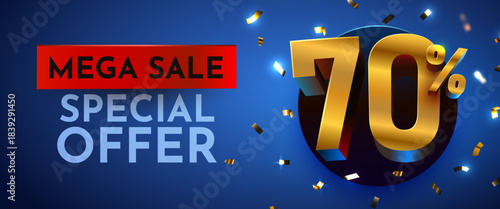 Mega Sale Special Offer with 70 percents discount on blue. Golden numbers and confetti. Vector illustration