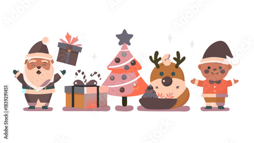 Christmas Big Set Icons featuring cute characters, Santa, toys, a Christmas tree, sweets, and gifts. An adorable palette of confections with modern illustration. vector icon