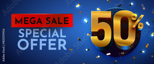 Mega Sale Special Offer with 50 percents discount on blue. Golden numbers and confetti. Vector illustration