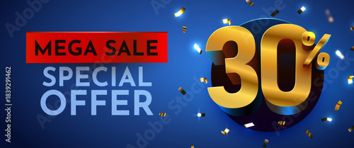 Mega Sale Special Offer with 30 percents discount on blue. Golden numbers and confetti. Vector illustration