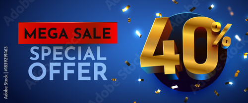 Mega Sale Special Offer with 40 percents discount on blue. Golden numbers and confetti. Vector illustration