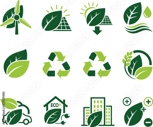Collection of eco friendly green energy icons isolated on transparent background
