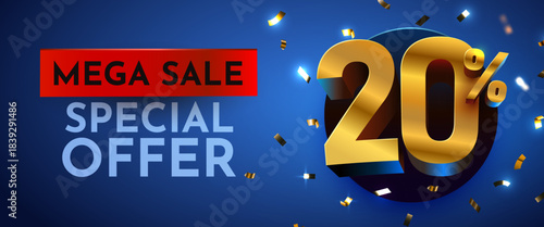 Mega Sale Special Offer with 20 percents discount on blue. Golden numbers and confetti. Vector illustration