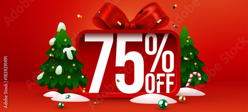 Red Christmas Sale Banner with 75 percents Off Discount. Festive holiday promotion, decorated with trees and a bow. Vector illustration