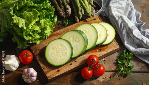 Fresh produce laid out zucchini, lettuce, asparagus, tomatoes, garlic, parsley, on wooden board and rustic surface