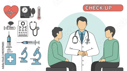 A doctor conducting a medical check-up with two patients, surrounded by various medical examination tools and equipment.