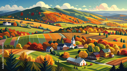 Very beautiful aerial view of Bennington, Vermont, featuring rolling hills, autumn forests, and charming rural textures under bright clear daylight.