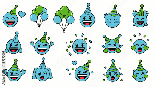 Collection of cheerful blue cartoon characters wearing party hats and celebrating with balloons and confetti.