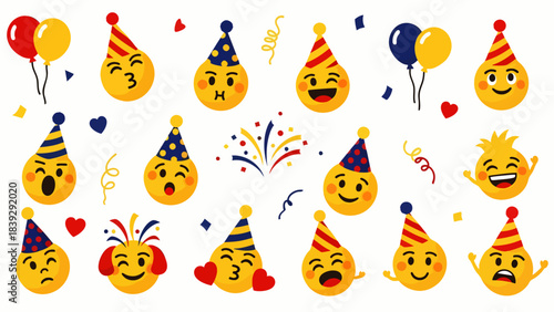 Collection of cheerful emoji faces wearing party hats and balloons, celebrating a joyful event with confetti and streamers.